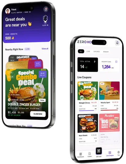 The ZeroHour app showing nearby deals and a merchant's live coupon list