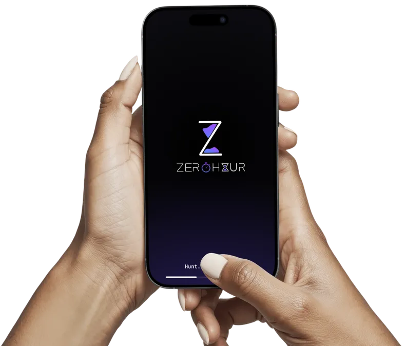 Two hands holding a phone showing the ZeroHour app splash screen
