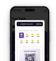 A Zero Credits balance and a redemption QR code in the app