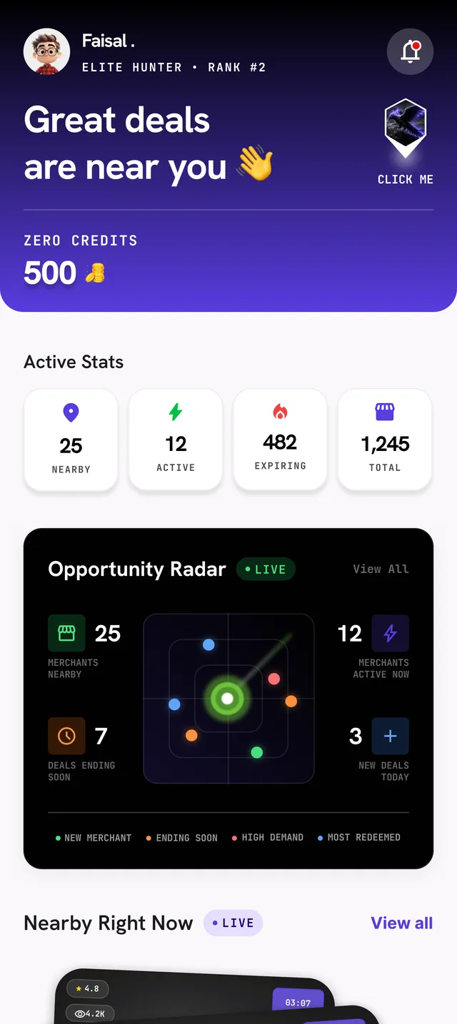 The hunter home screen: deals nearby, the live opportunity radar and the credits balance