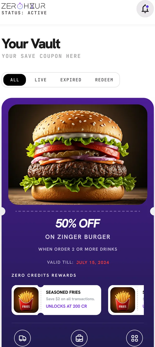 A claimed coupon open in the vault — 50% off, the rewards it unlocks, and the delivery, rewards and redeem actions