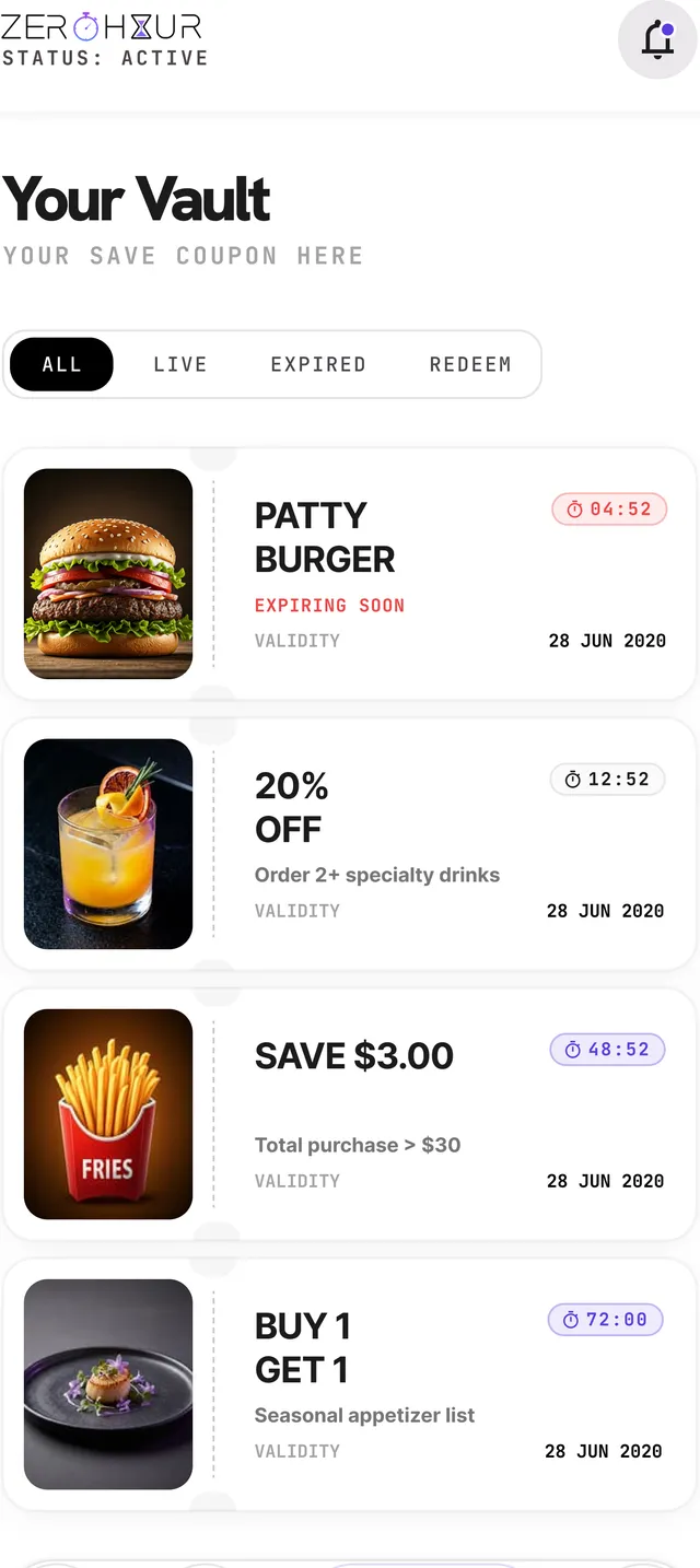 The ZeroHour Vault screen listing claimed coupons with their expiry countdowns