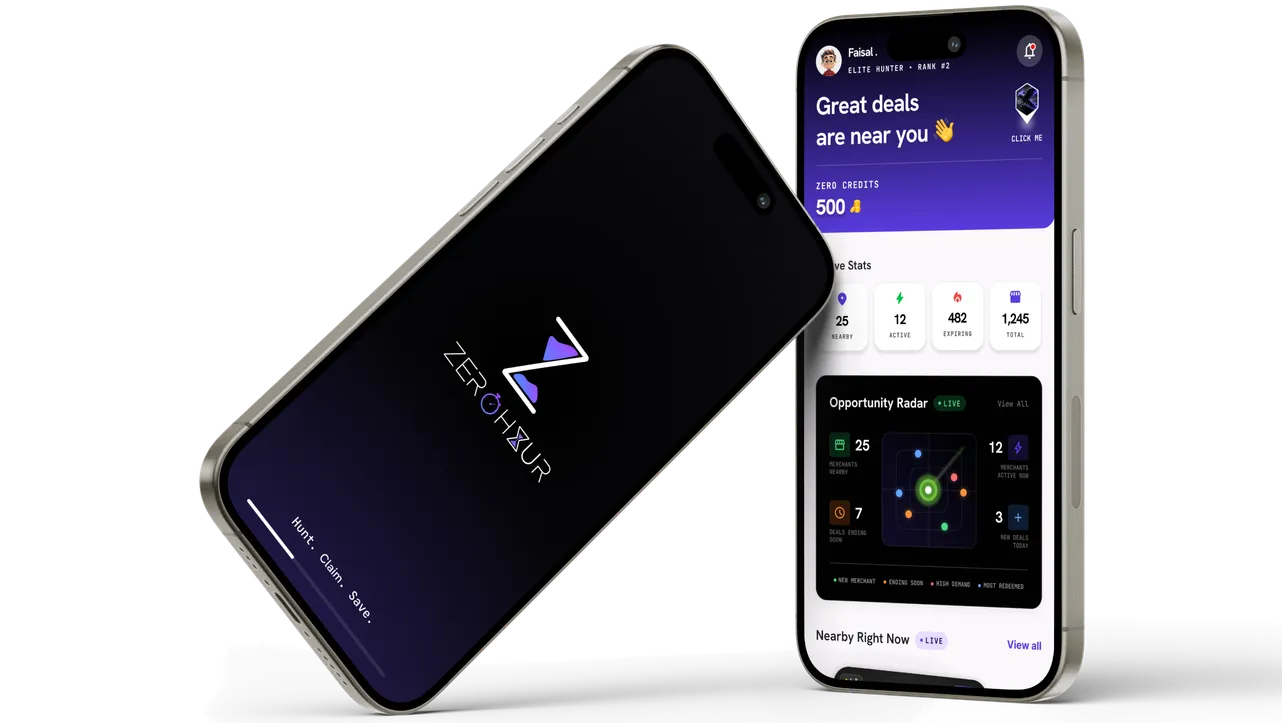 Two views of the ZeroHour app — the splash screen, and a hunter's home screen listing nearby deals and their Zero Credits balance