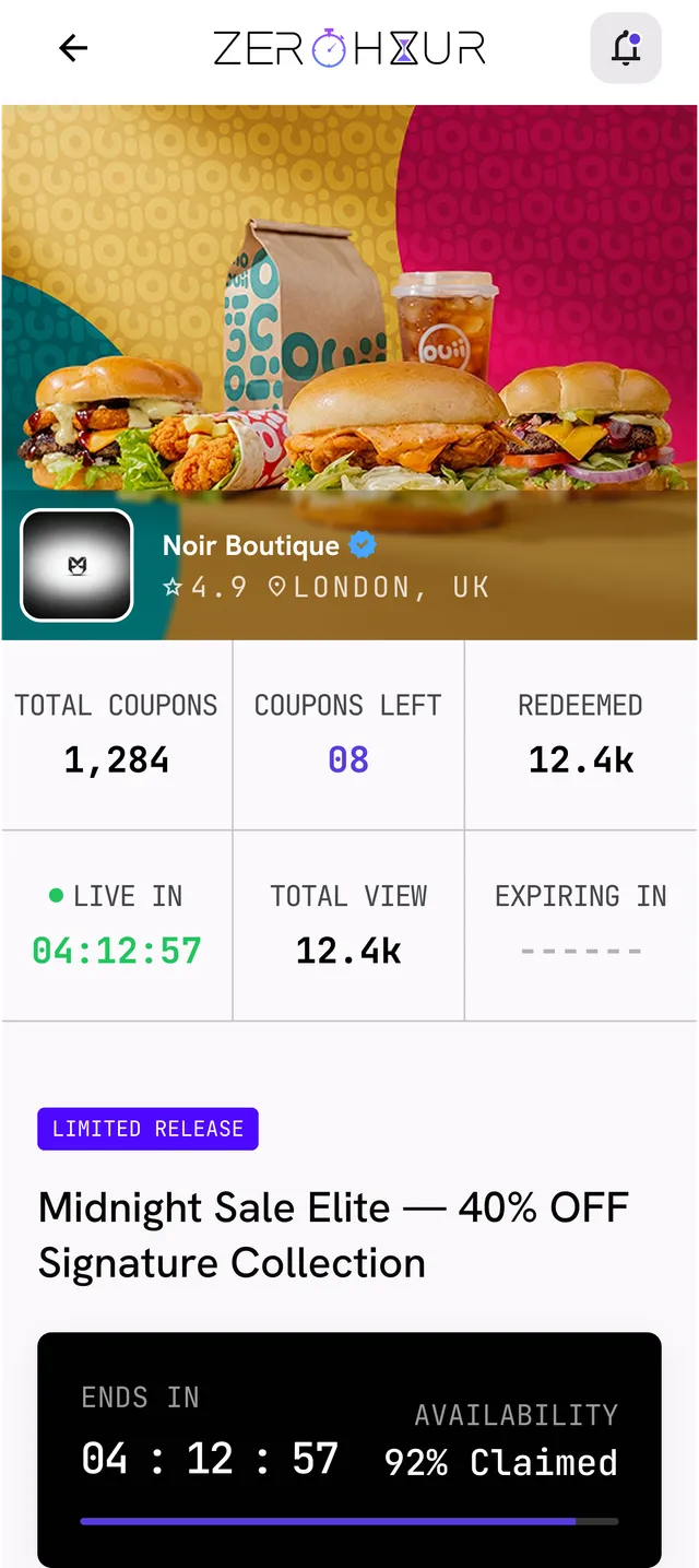 One campaign opened up, showing coupons left, redemptions, the time remaining and the offer details
