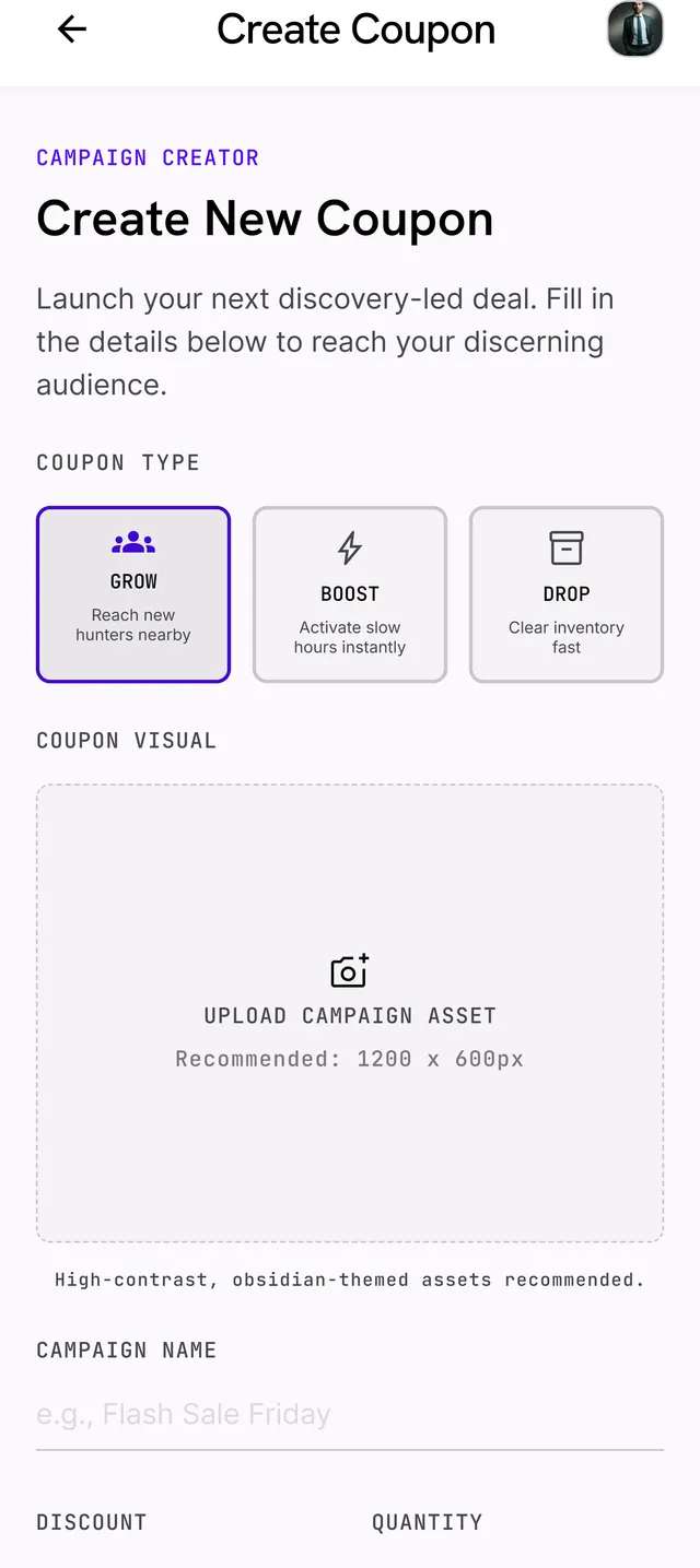 The create-coupon form, with the campaign type — Grow, Boost or Drop — chosen before the artwork and discount
