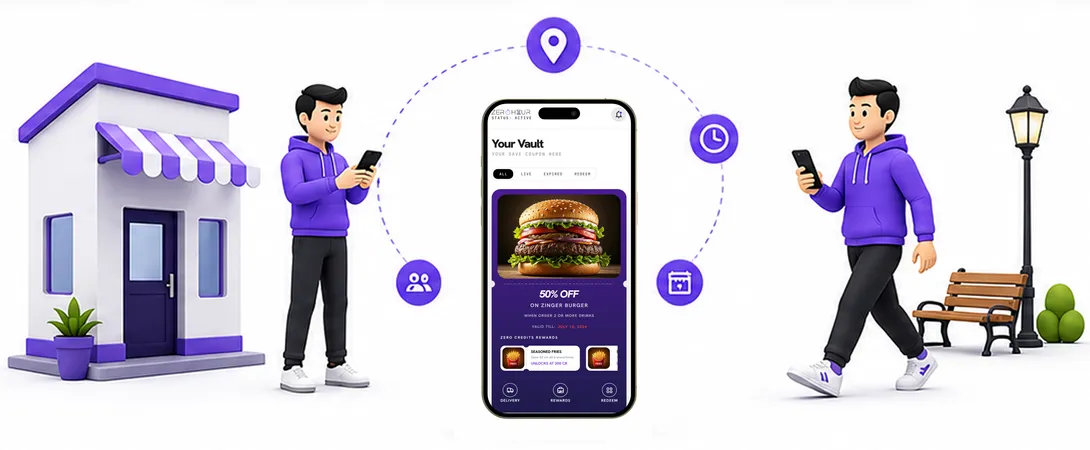 A merchant outside their shop publishes an offer; it travels to the ZeroHour app, where a hunter walking nearby opens their Vault to a 50% off burger deal.